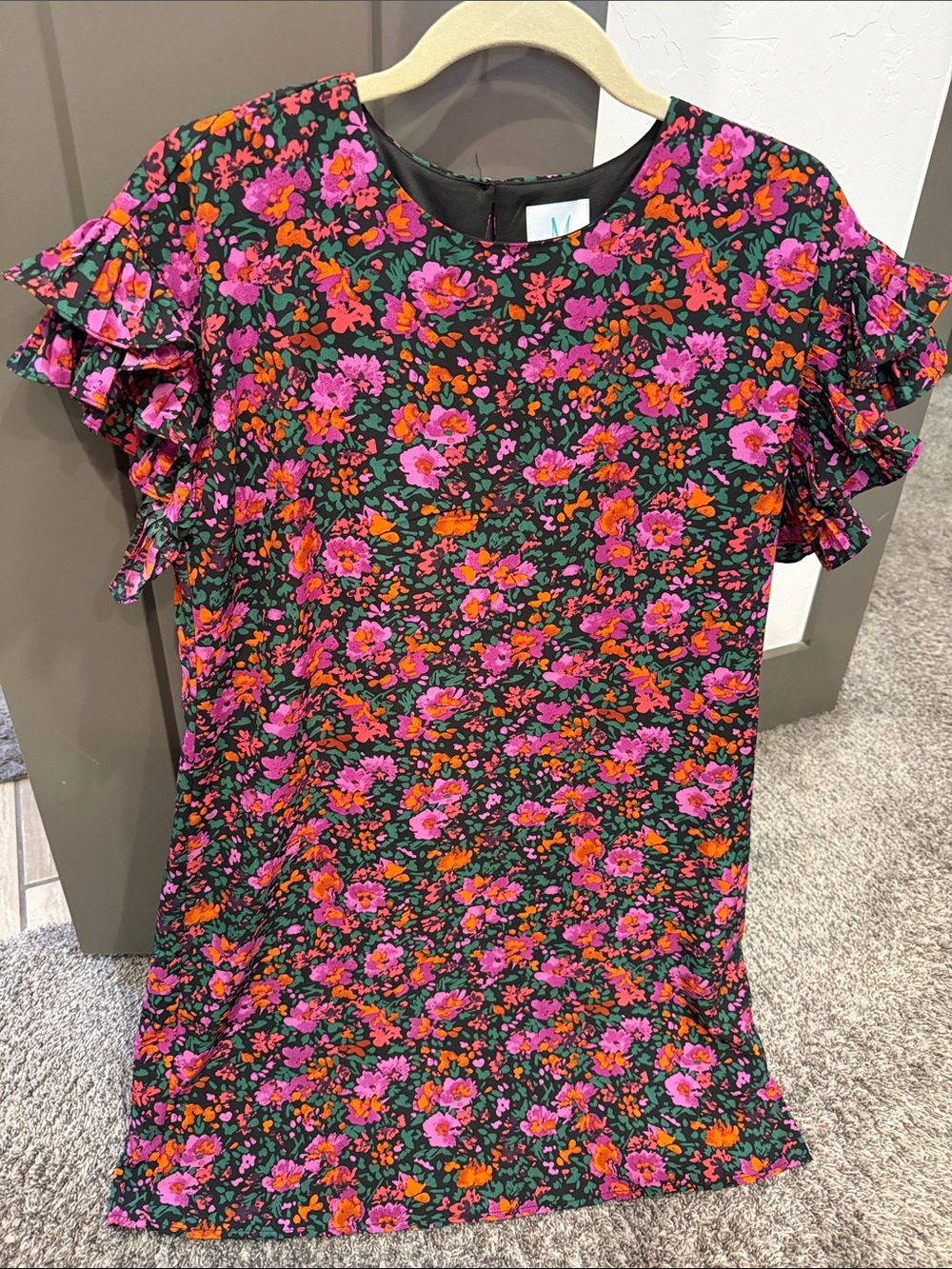 Black Floral Ruffle Sleeve Casual Dress with Pink & Orange Blooms
